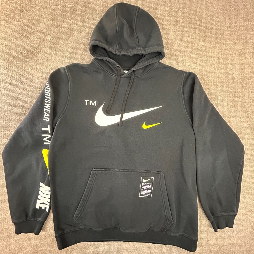 Nike Sportswear TM NSW‎ Hoodie Mens XL Black Big Swoosh Logo Fleece Lined Cotton
